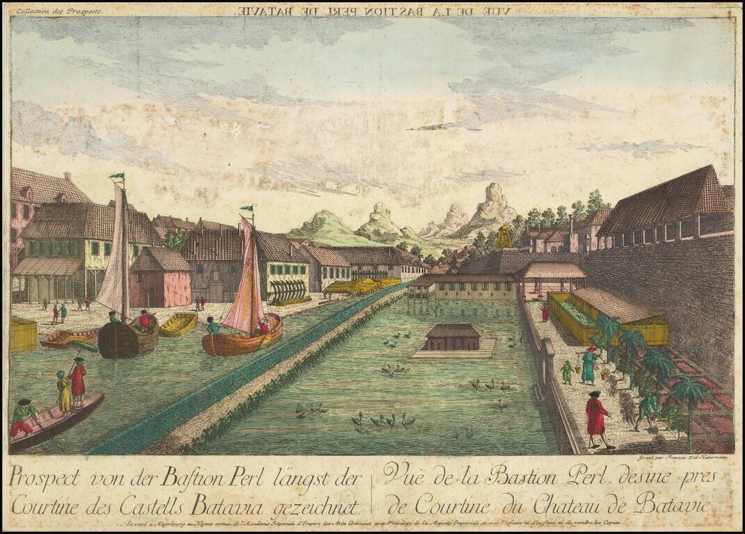 [Jakarta]  Prospect von der Bastion Perl langst der Courtine des Castells Batavia gezeichnet  /  Vue de la Bastion Perl desine pres de Courtine du Chateau de Batavie