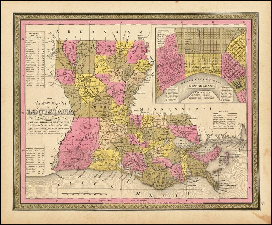 A New Map Of Louisiana with its Canals, Roads, Distances from Place to Place, along the Stage & Steam Boat Routes . . . 1847