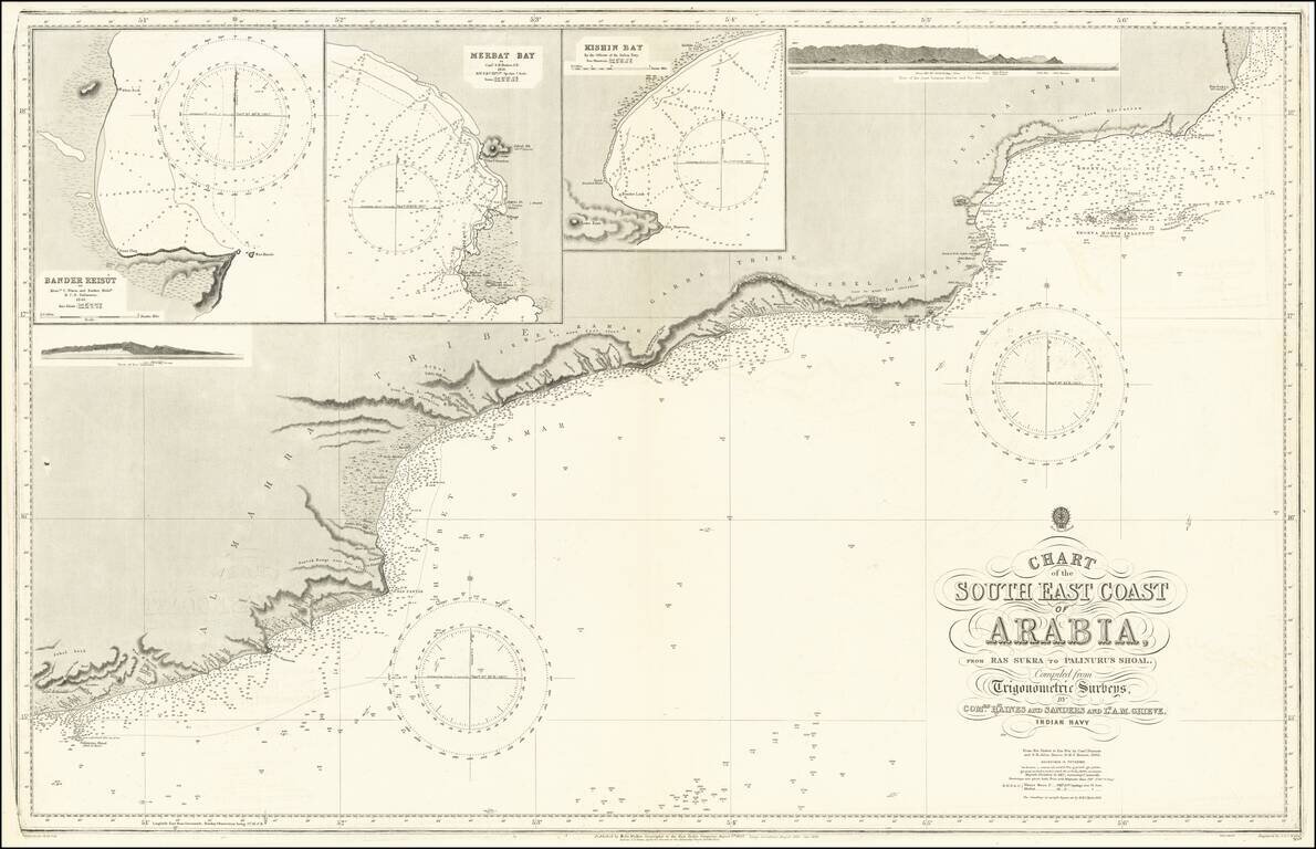 Chart of South East Coast of Arabia From Ras Sukra to Palinurus Shoal.  Completed from Trigonometric Surveys, By Comrs. Haines and Sanders Lt. A. M. Grieve, Indian Navy . . . 1863