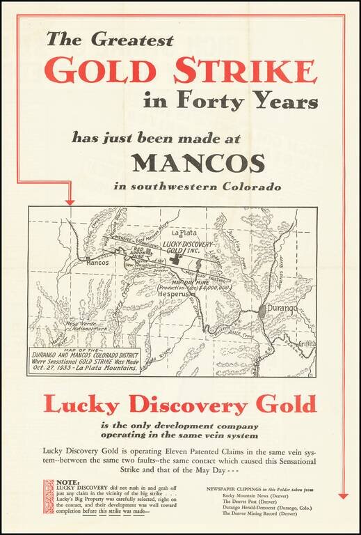 [Southwest Colorado Gold]  Map of the Durango and Mancos Colorado District Where Sensational GOLD STRIKE Was Made Oct. 27, 1933