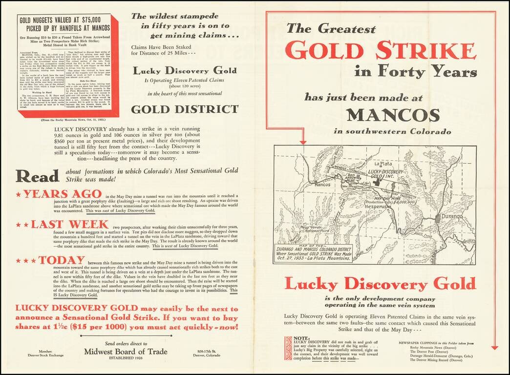 [Southwest Colorado Gold]  Map of the Durango and Mancos Colorado District Where Sensational GOLD STRIKE Was Made Oct. 27, 1933