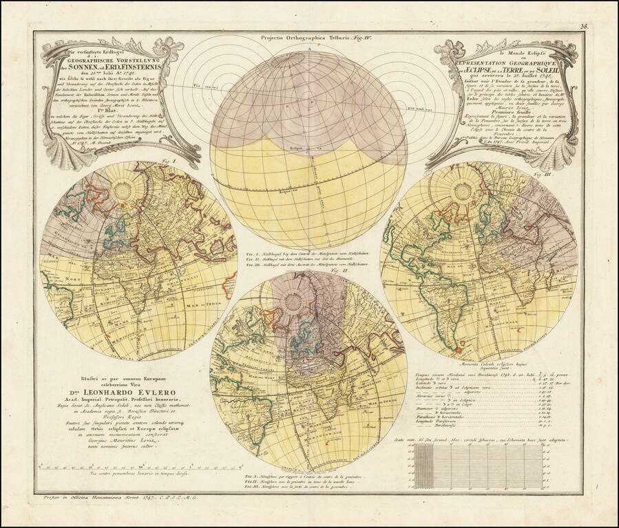 [Solar Eclipse of July 25, 1748]  Die versinsterte Erdkugel d. i. Geographische Vorstellung der Sonnen od Erd-Finsternis den 25ten. Iulii Ao. 1748 . . . |  le Monde Eclipse ou Representation Geographique de L'Eclipse de la Terre ou du Soleil qui arrivera 