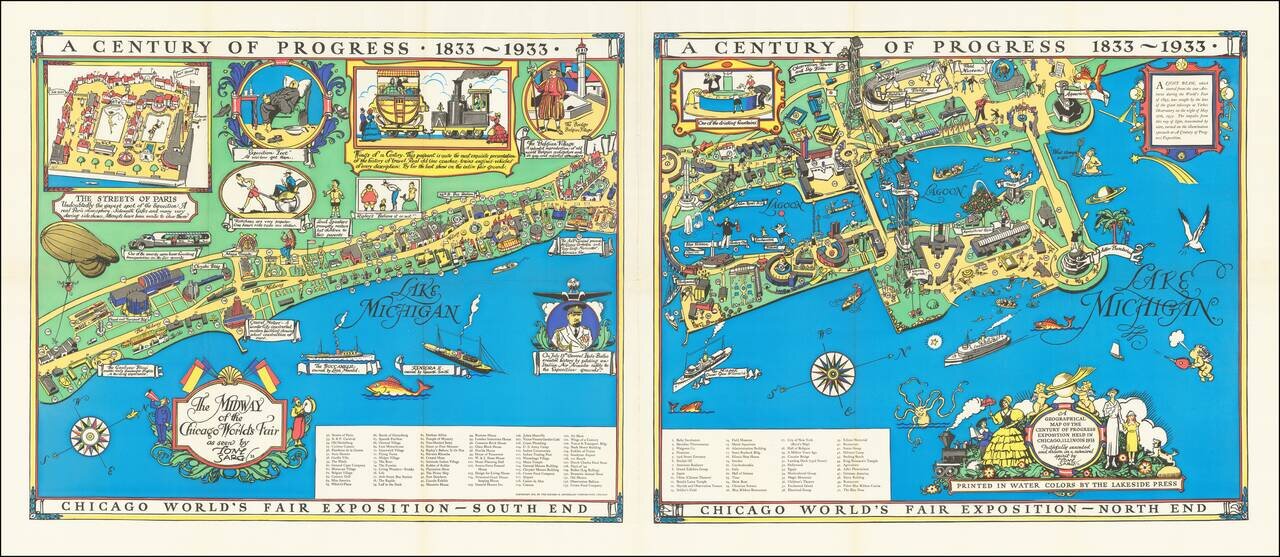 [With Original Envelope!]  A Geographical Map of the Century of Progress Exposition Held in Chicago, Illinois 1933 Faithfully executed and drawn in a carnival spirit by Tony Sart '33