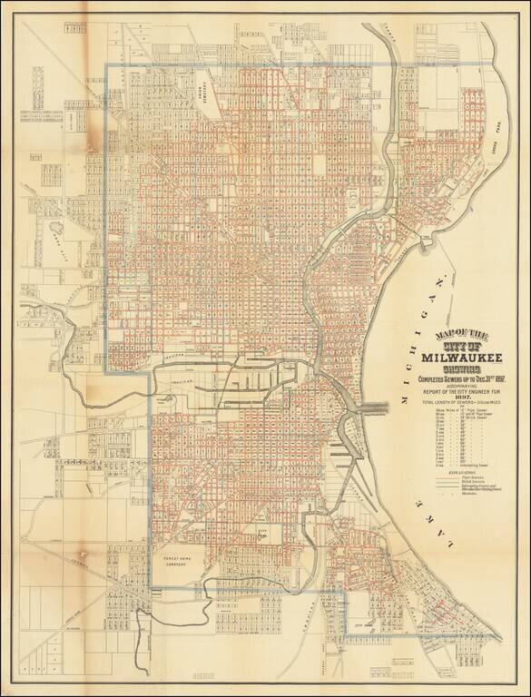 Map of the City of Milwaukee Showing Completed Sewers up to Dec. 31st, 1897.  Accompanying Report of the City Engineer For 1897.