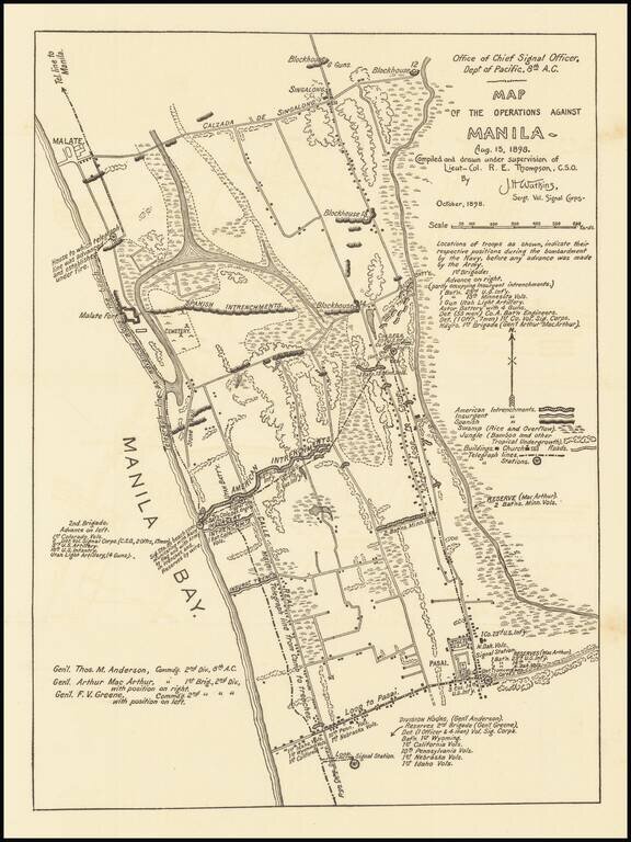 Map of the Operations Against Manila August 13 1898.  Compiled and drawn under supervision of Lieut - Col. R.E. Thompson, C.S.O. By J.H. Watkins Sert. Vol. Signal Corps.  October, 1898