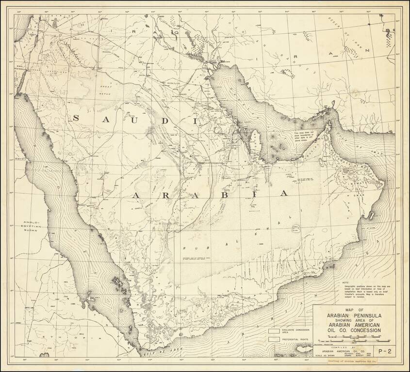 Map of Arabian Peninsula Showing Area Of Arabian American OIl Co. Concession