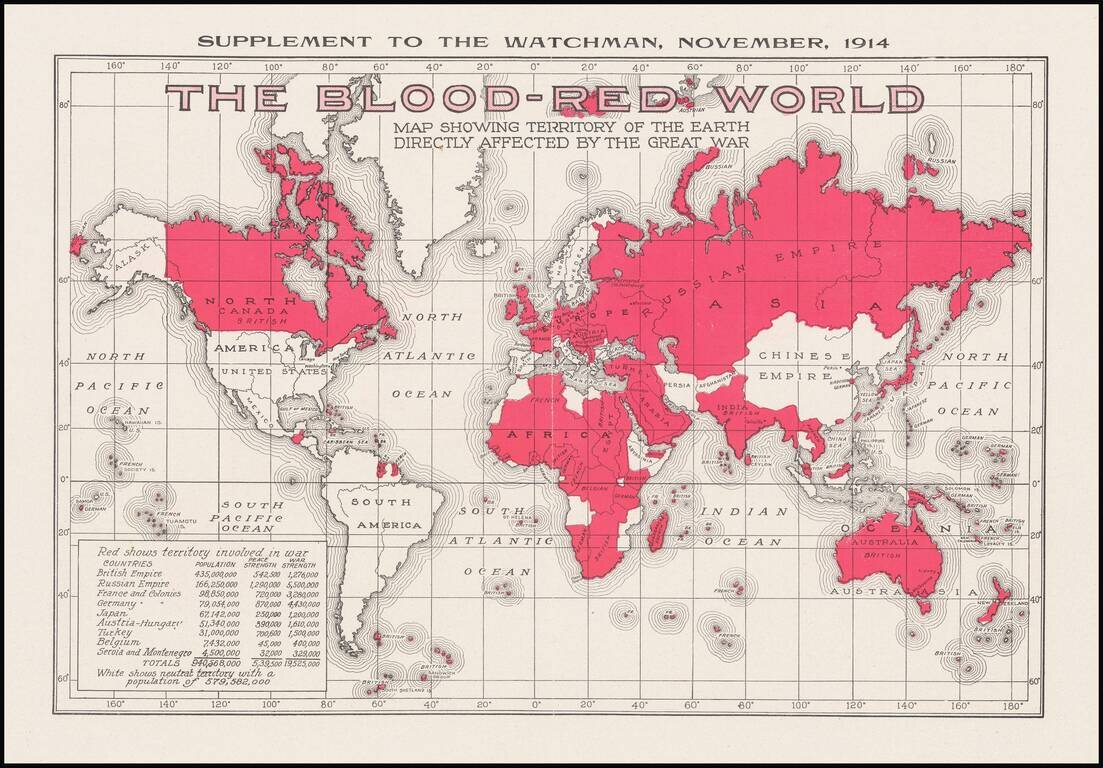 The Blood-Red World Map Showing Territory of the Earth Directly Affected by the Great War