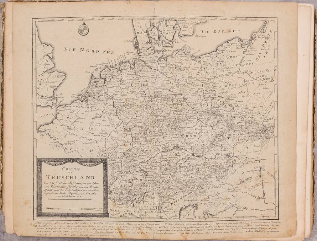 Neuer Indemnisations- und Grenz-Atlas von Teutschland : in 12 speciellen illuminirten Blättern, welche die neuen Besitzungen der Chur- und Fürstlichen Häuser und der Reichsstädte, nebst den Entschädigungen nach dem definitiven Reichs-Deputations-Schlusse 
