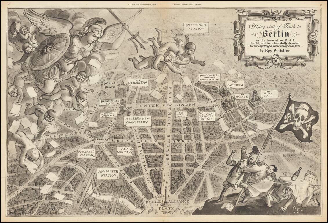 Flying visit of Truth to Berlin in the form of an R.A.F. leaflet raid here fancifully depicted  ~  but not forgetting a great many hard facts  `  by Rex Whistler