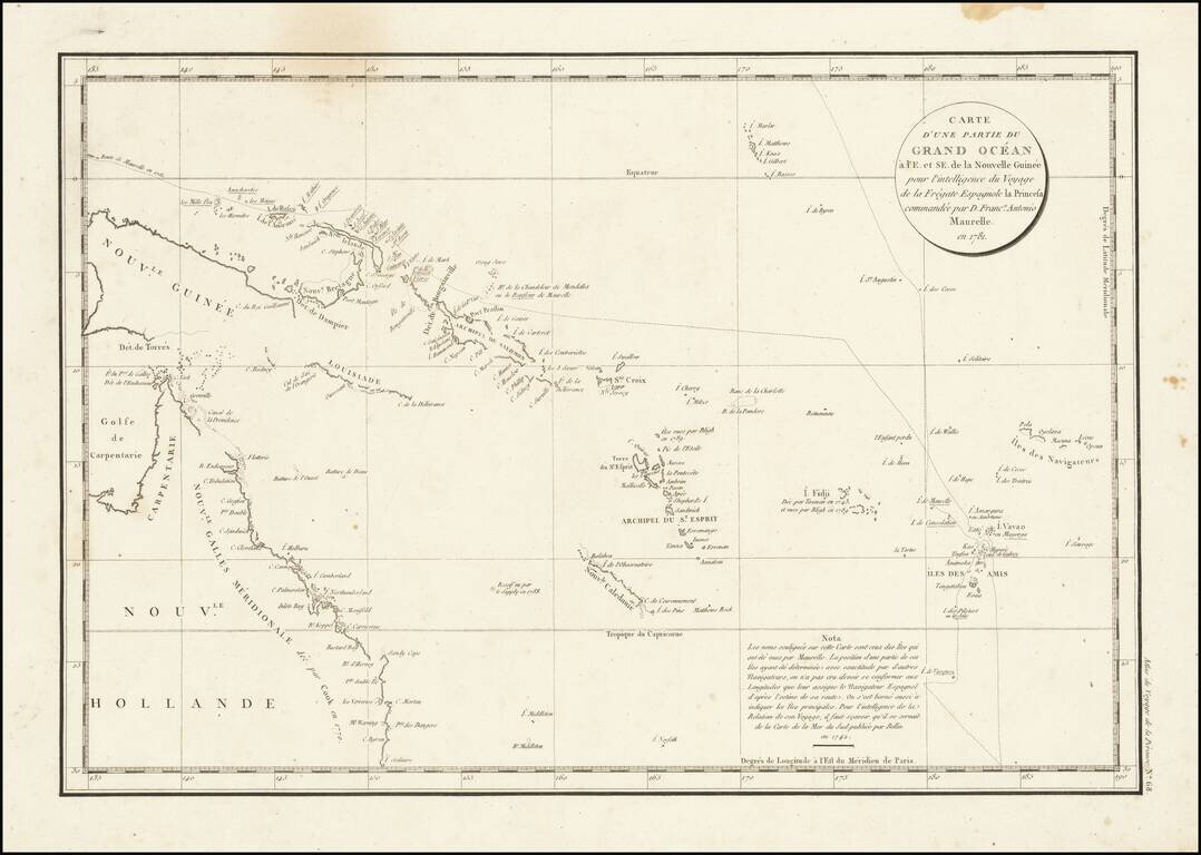 Carte D'Une Partie Du Grand Ocean a l'E. et S.E. de la Nouvelle Guinee pour l'intelligence du Voyage de la Fregate Espagnole la Princesa commandee par D. Franco. Antonio Maurelle.  en 1781.