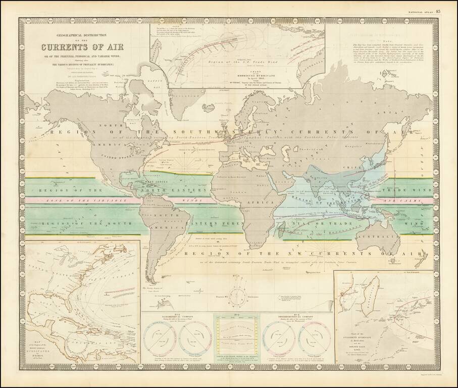 Geographical Distribution of the Currents of the Air or of the Perennial, Periodical and Variable Winds.  Showing also The Various Regions of Prevalent Hurricanes; Extended from the Original Map of Professor Berghaus . . .