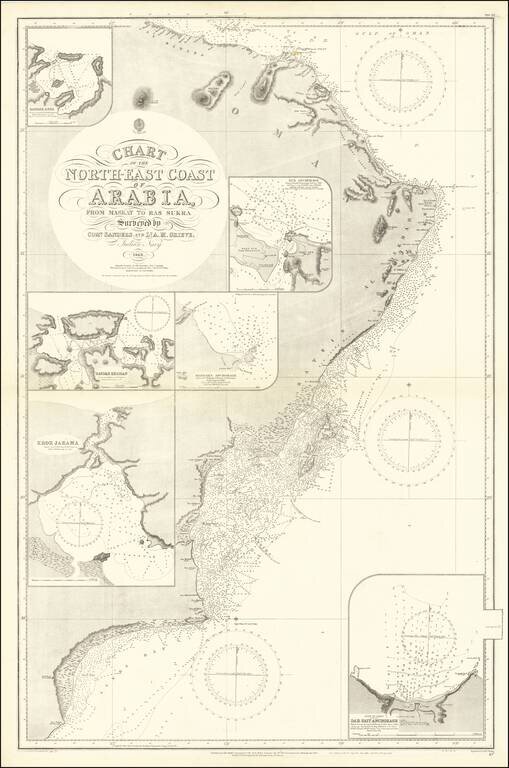 Chart of the North-East Coast of Arabia, From Maskat to Ras Sukra Surveyed by Comr. Sanders and Lt. A.M. Grieve, Indian Navy
