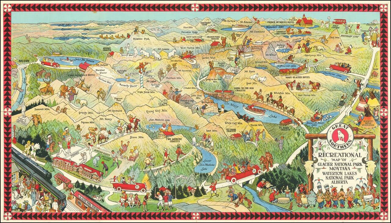 Recreational Map of Glacier National Park Montana  Waterton Lakes National Park Albert