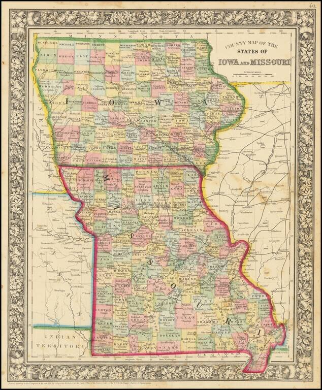 County Map of the States of Iowa and Missouri