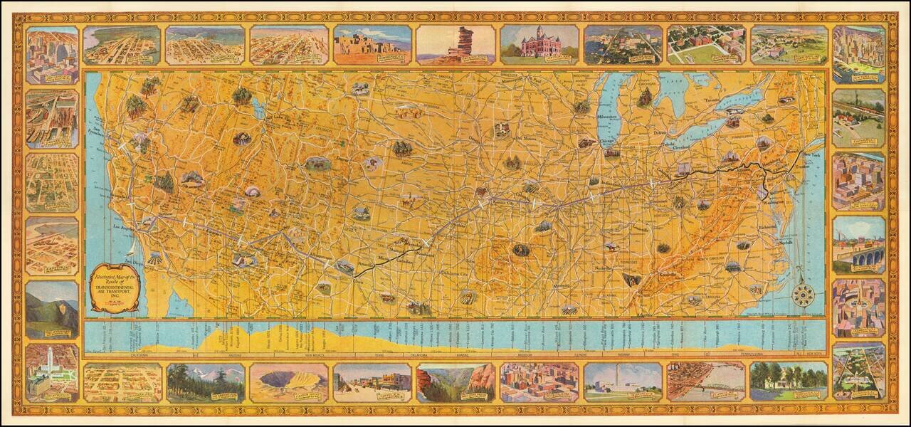 Illustrated Map of the route of Transcontinental Air Transport Inc. (Stephen Dupont Flight from Columbus, Ohio to Waynoka, Oklahoma on September 21, 1929 -- Curtiss Condor B-2).