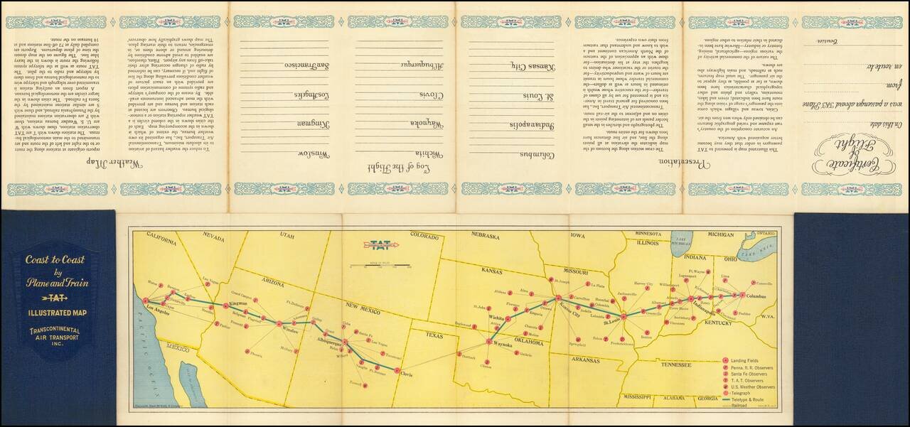Illustrated Map of the route of Transcontinental Air Transport Inc. (Stephen Dupont Flight from Columbus, Ohio to Waynoka, Oklahoma on September 21, 1929 -- Curtiss Condor B-2).