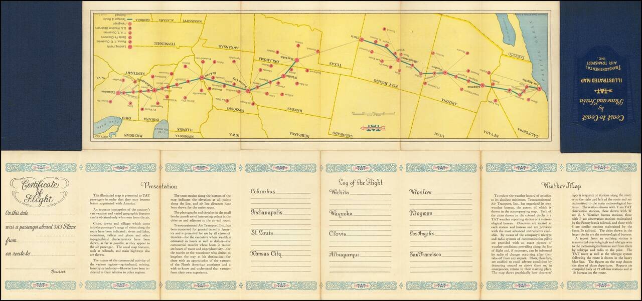 Illustrated Map of the route of Transcontinental Air Transport Inc. (Stephen Dupont Flight from Columbus, Ohio to Waynoka, Oklahoma on September 21, 1929 -- Curtiss Condor B-2).