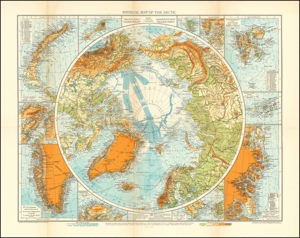 Brief History of Polar Exploration since the Introduction of Flying by W.L.G. Joerg to accompany a Physical Map of the Arctic and a Bathymetric Map of the Antarctic