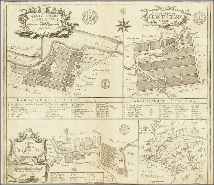 Charta ofver Upstaden Carlstad No. XXXVII [with] Charta ofver Upstaden Christinehamn No. LXVII [with] Charta ofver Bergstaden Philipstad No. LXXIX