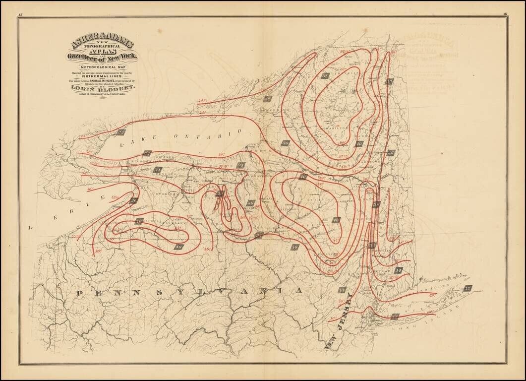 Meteorological Map Showing the Average Mean Temperature for the Year by Isothermal Lines, also the Mean Annual Rainfall in Inches