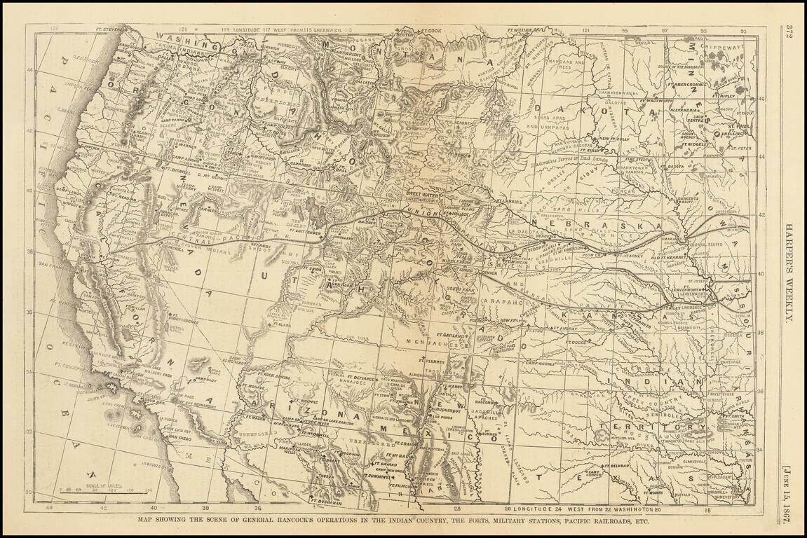 Map showing the scene of General Hancock's operations in the Indian Country, the Forts, Military Stations, Pacific Railroads, etc. [Harper's Weekly. June 15,1867]