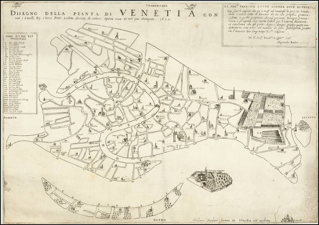 Disegno Della Pianta Di Venetia con tutti i Canalli, Rij, Chiese, Ponti, Isolette, division de sestieri.  Opera nova et non piu stampata.  1677