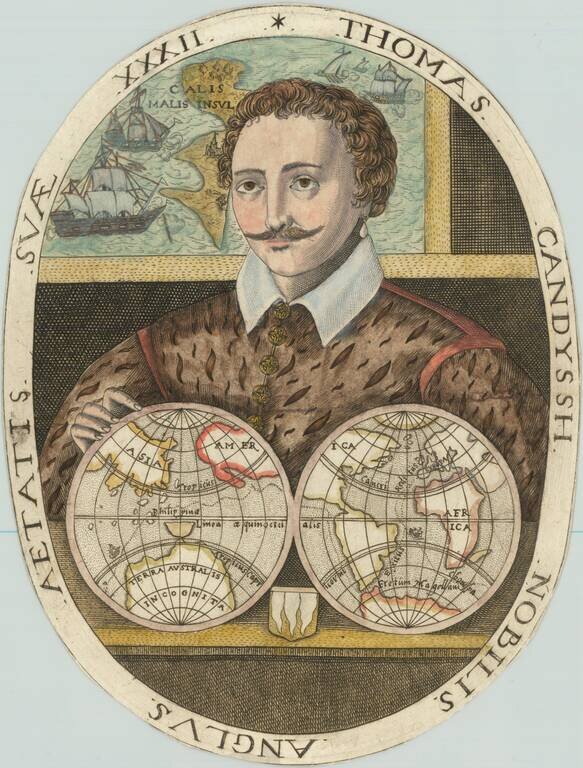 [World Map -- Thomas Cavendish Portrait]  Thomas Candyssh nobilis Anglus aetatis suae XXXII.