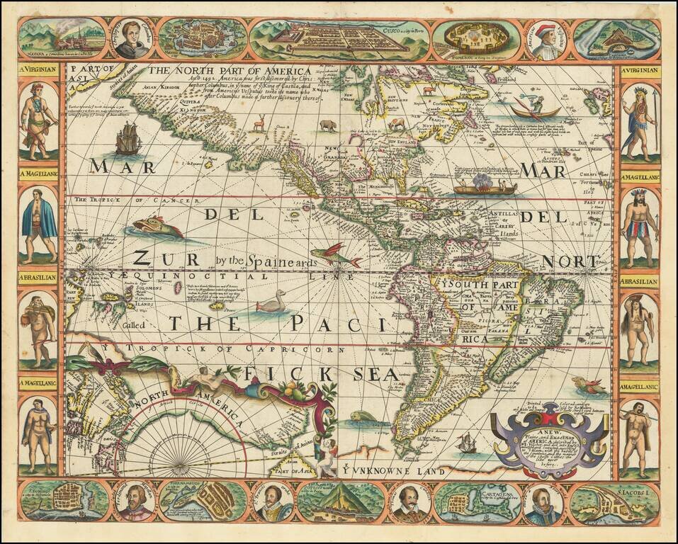 A New, Plaine and Exact Map of America: described by N. I. Visscher And don into english, enlarged, & corrected, according to I. Blaeu:  with the habits of the people, and manner of the cheife citties:  the like never before Printed, colored & are to be S