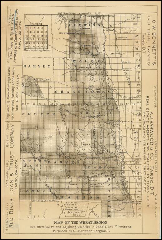Map of the Wheat Region Red River Valley and adjoining Countries in Dakota and Minnesota Published by A.J. Harwood, Fargo, D.T.
