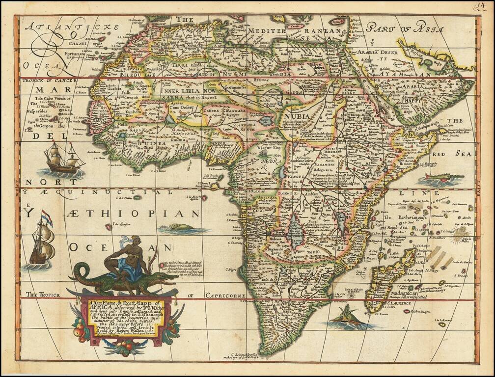 A New, Plaine, & Exact Mapp of Africa, described by: N:I: Vischer and done into English, enlarged and corrected, according to I: Blaeu: with the habits of the countries and manner of the cheife citties the like never before Printed colored and Are to be S