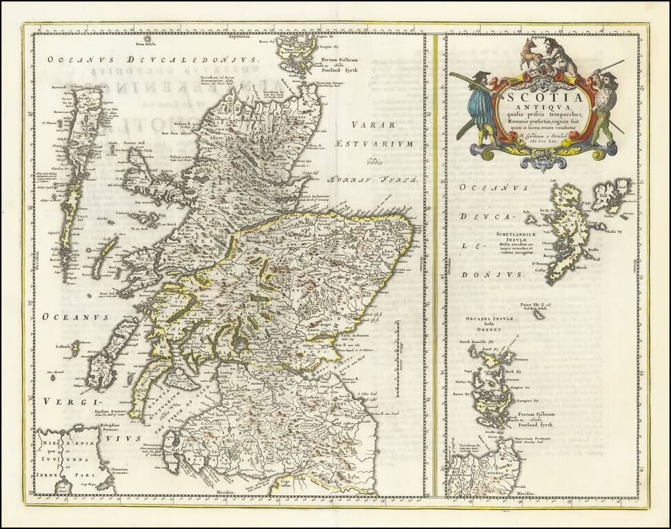 Scotia Antiqua, qualis pricis temporibus Romanis praesertim, Cognita suit quam in lucem eruere conabatur  R Gordonius a Straloch M DC LIII  (Heightened with Gold Leaf)