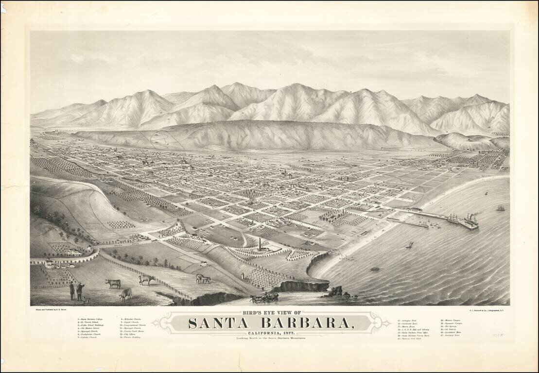 Bird's Eye View of Santa Barbara, California, 1877.  Looking North to the Santa Barbara Mountains