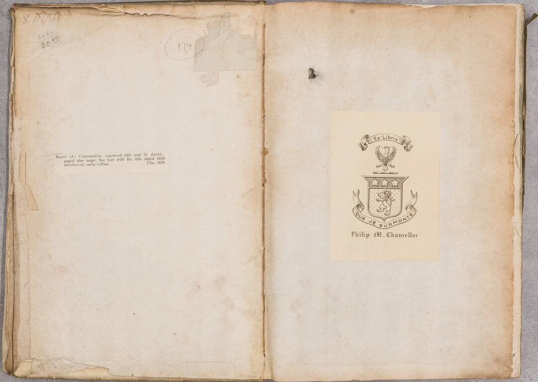 Uranometria, omnium asterismorum continens schemata, nova methodo delineata, aeris laminis expressa. [bound with:] Explicatio characterum aeneis uranometrias imaginum, tabulis, insculptorum, addita, & commodiore hac forma tertium redintegrata.