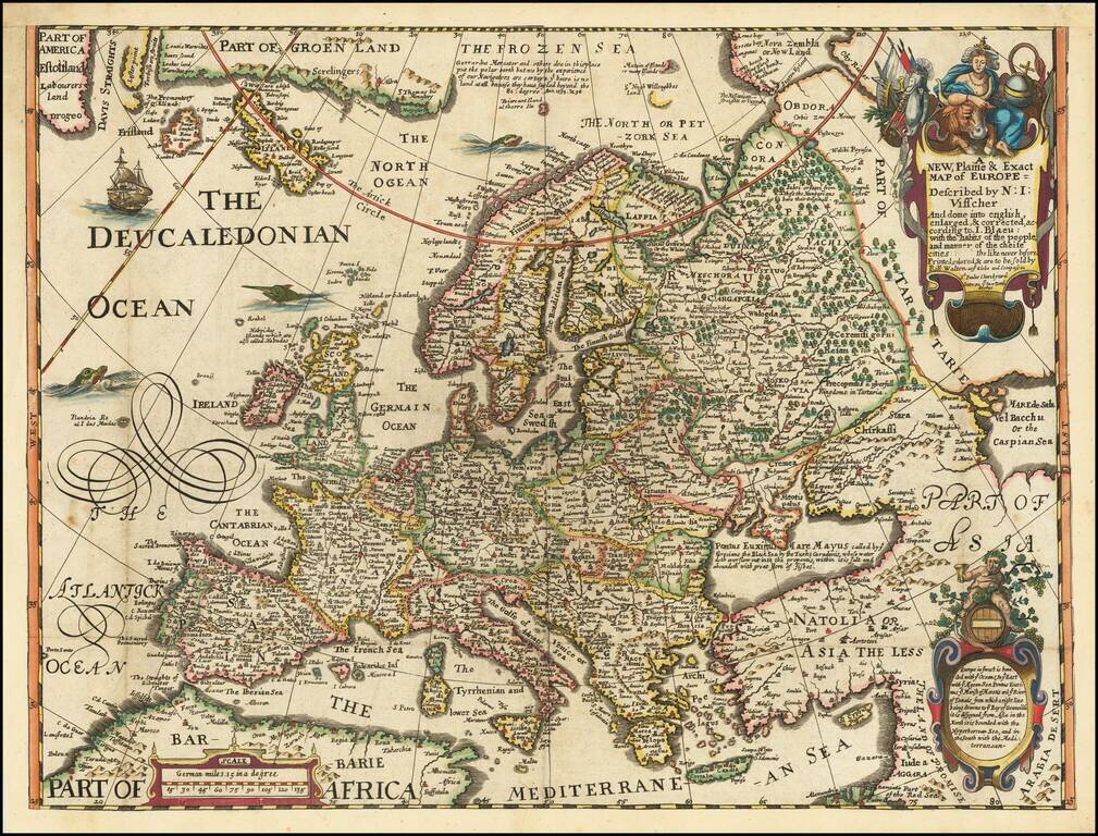 A New, Plaine & Exact Map of Europe = Described by N. I. Visscher And done into english, enlarged, & corrected, according to I. Blaeu:  with the habits of the people, and manner of the cheife cities:  the like never before Printed, colored & are to be Sol