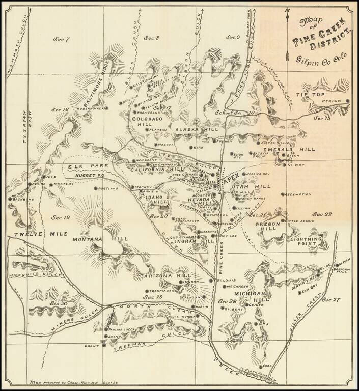 Map of Pine Creek District. Gilpin Co Colo (with Pine Creek Mining District, Gilpin County, Colo. : a descriptive account of the new gold mining district of Pine Creek, together with a topographical map showing location of leading mines and prospects)