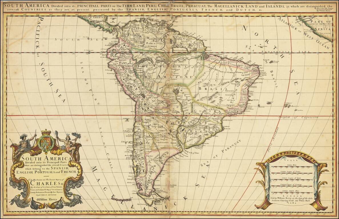 South America Divided into its Principall Parts where are distinguished the severall States which belong to the Spanish English, Portugals and French . . . 1680