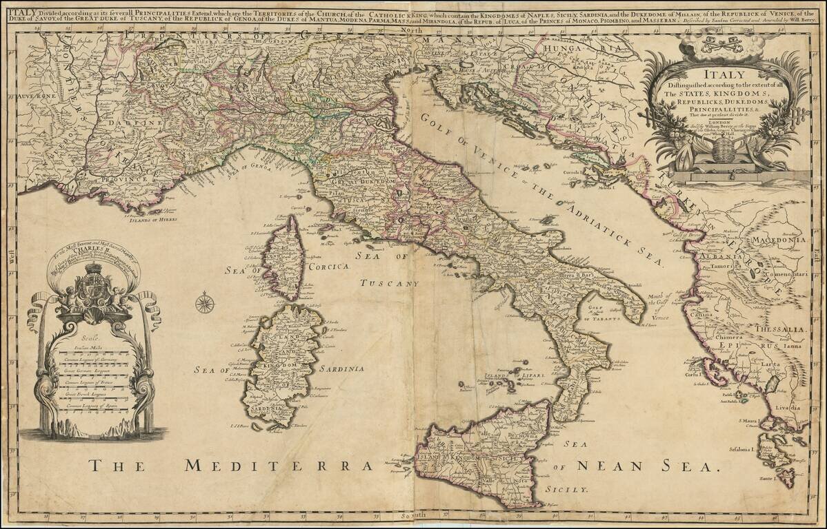 Italy Distinguished according to the extent of all The States, Kingdoms, Republiks, Dukedoms, Principalites &c. That does at present divide it.  Sold by William Berry . . . 16