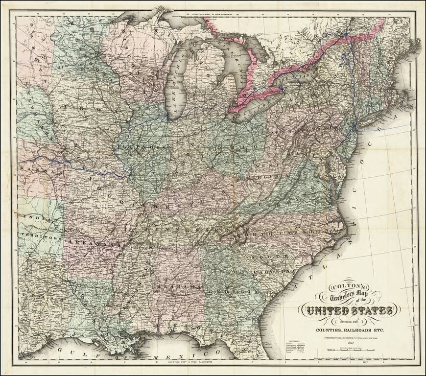 Colton's Travelers Map of the United States The Showing Counties, Railroads, etc. . . . 1874