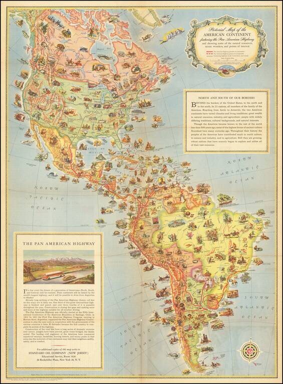Pictorial Map of the American Continent featuring the Pan American Highway and showing some of the natural resources, scenic wonders, and points of interest