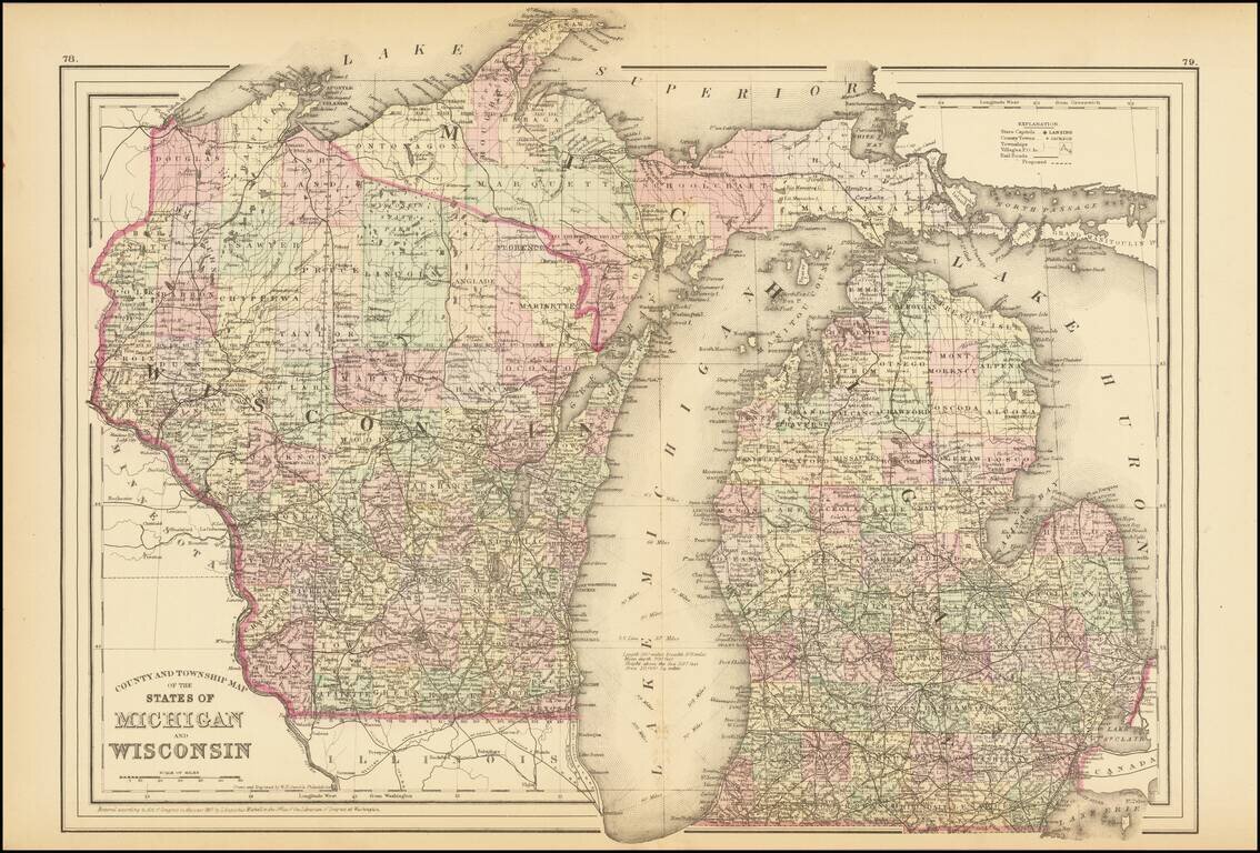 County & Township Map of the States of  Michigan and Wisconsin