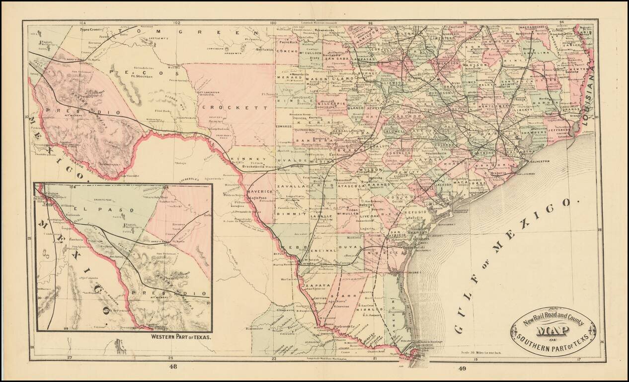 New Railroad and County Map of Southern Part of Texas